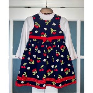 ✨EUC✨ GYMBOREE NAVY BLUE & CHERRY JUMPER DRESS WITH LONG SLEEVE SHIRT 🍒